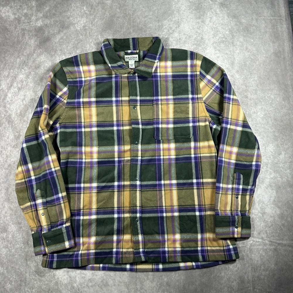 Arizona Jean Co Mens XL Fleece Plaid Snap Front Shirt Jacket Green Purple Check